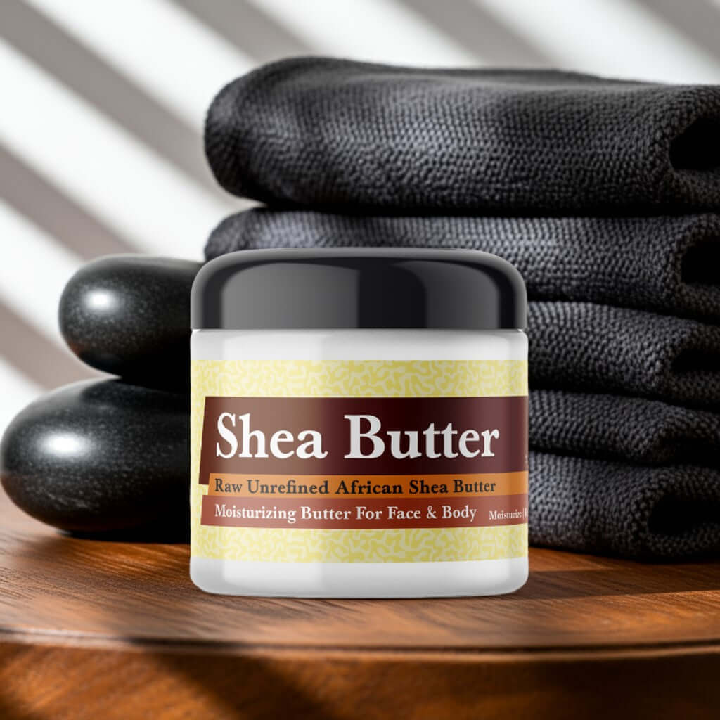 Mugler A Man Inspired Scented Shea Butter jar on a wooden table with towels and spa stones.