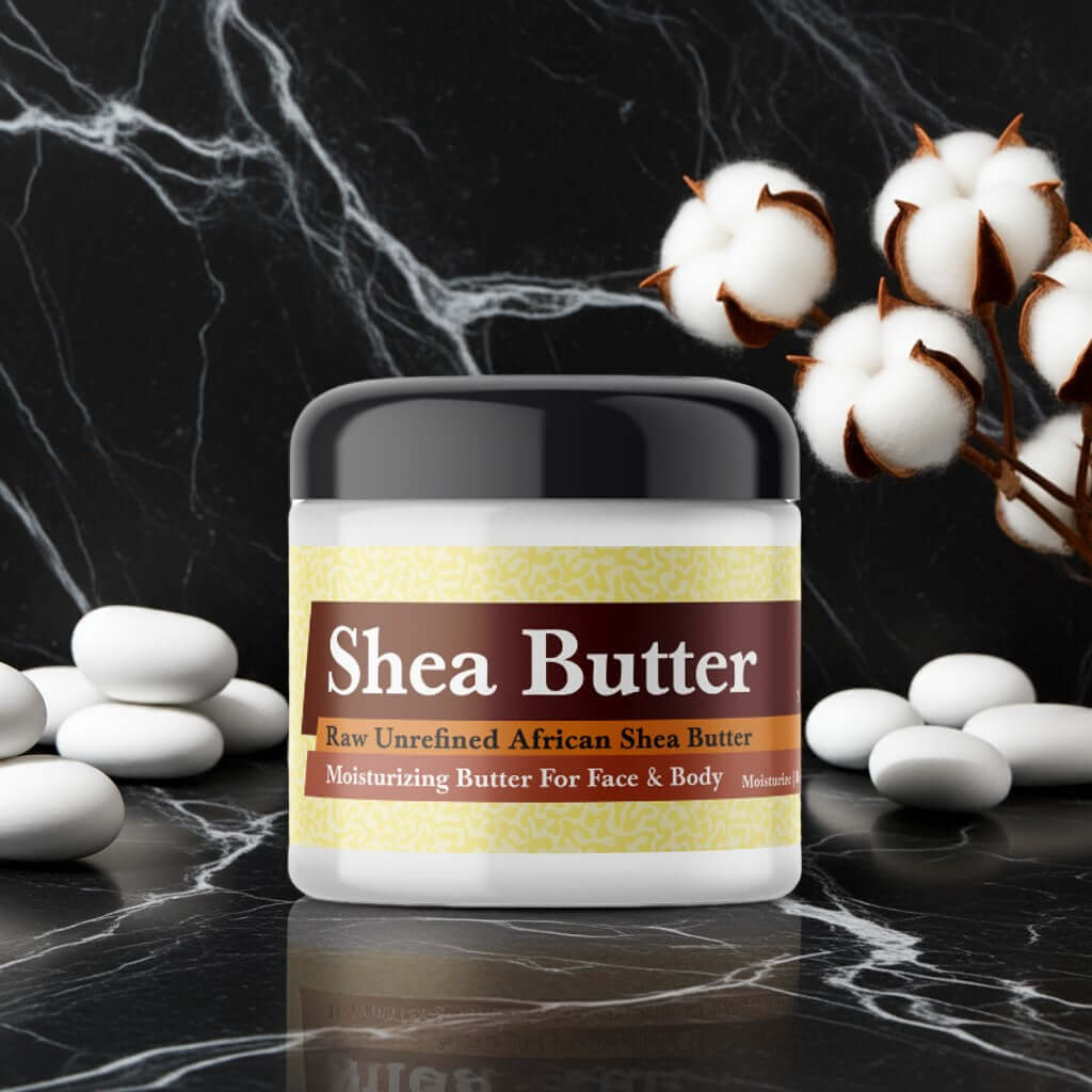 Jar of Baby Powder Scented Shea Butter with cotton and stones on marble background