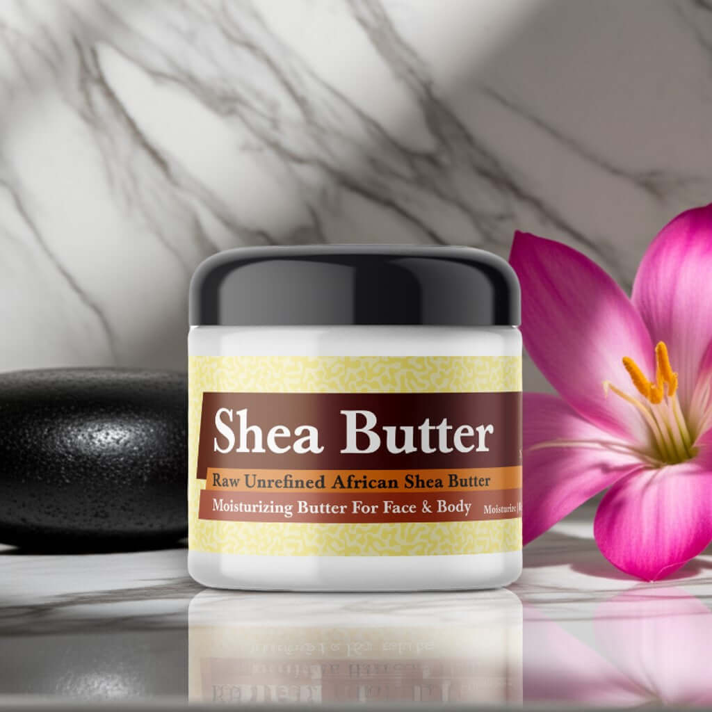 YSL Black Opium Inspired Scented Shea Butter jar with a pink flower on marble background