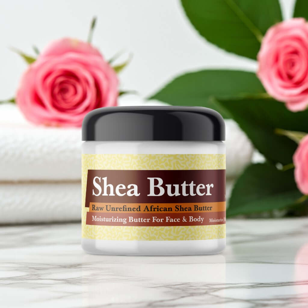Black Woman Scented Shea Butter in a jar, enriched with natural ingredients, displayed with pink roses and green leaves, perfect for skin care.