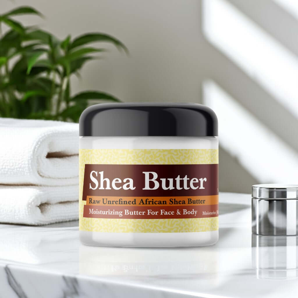 Chanel No 5 Inspired Scented Shea Butter in bathroom setting with plants and towels