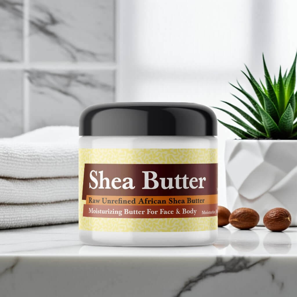 Coco Chanel Inspired Scented Shea Butter in bathroom setting with African shea nuts.