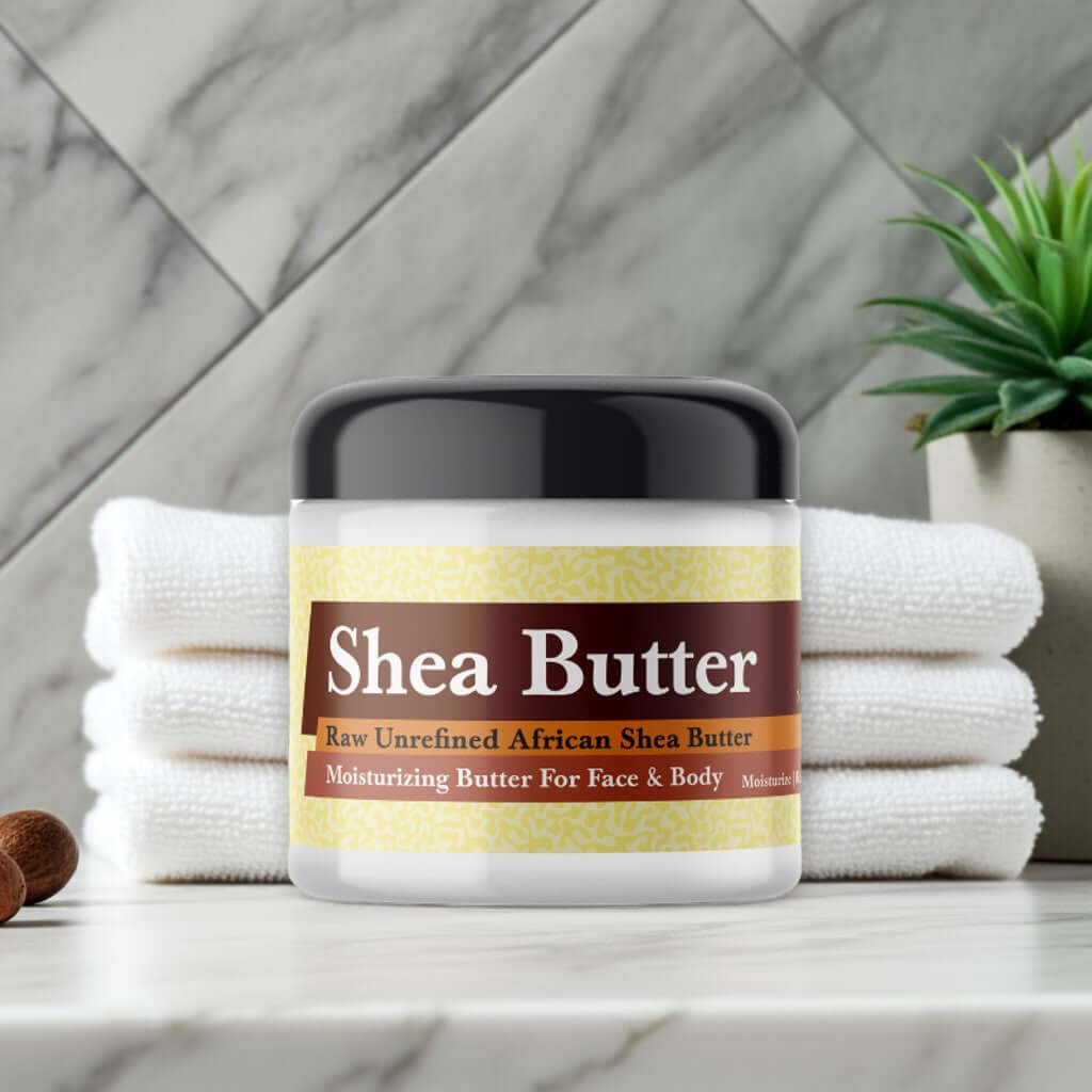 Chanel Mademoiselle Inspired Scented Shea Butter jar on bathroom counter.