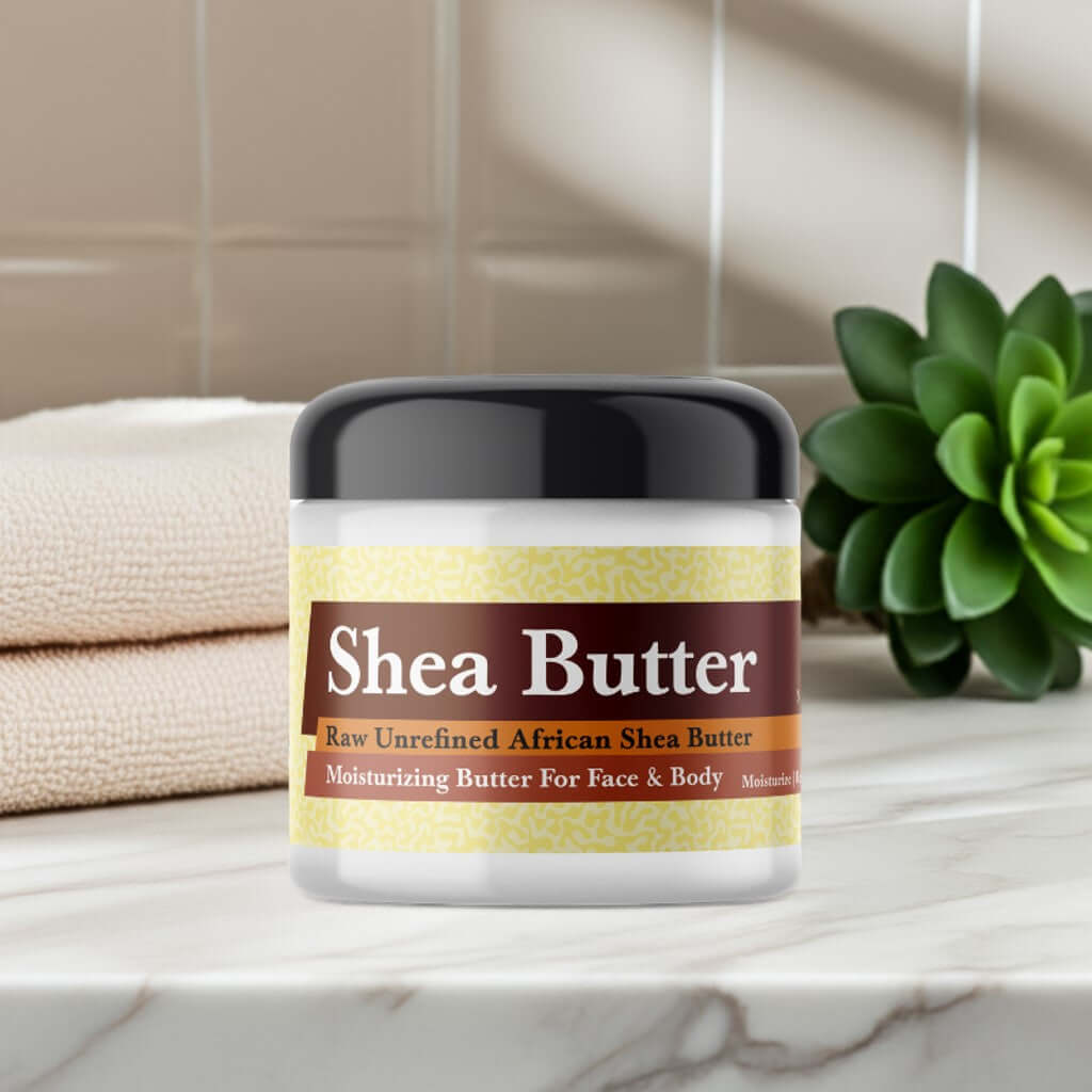 Cocoa Butter Cashmere Scented Shea Butter jar on a bathroom counter
