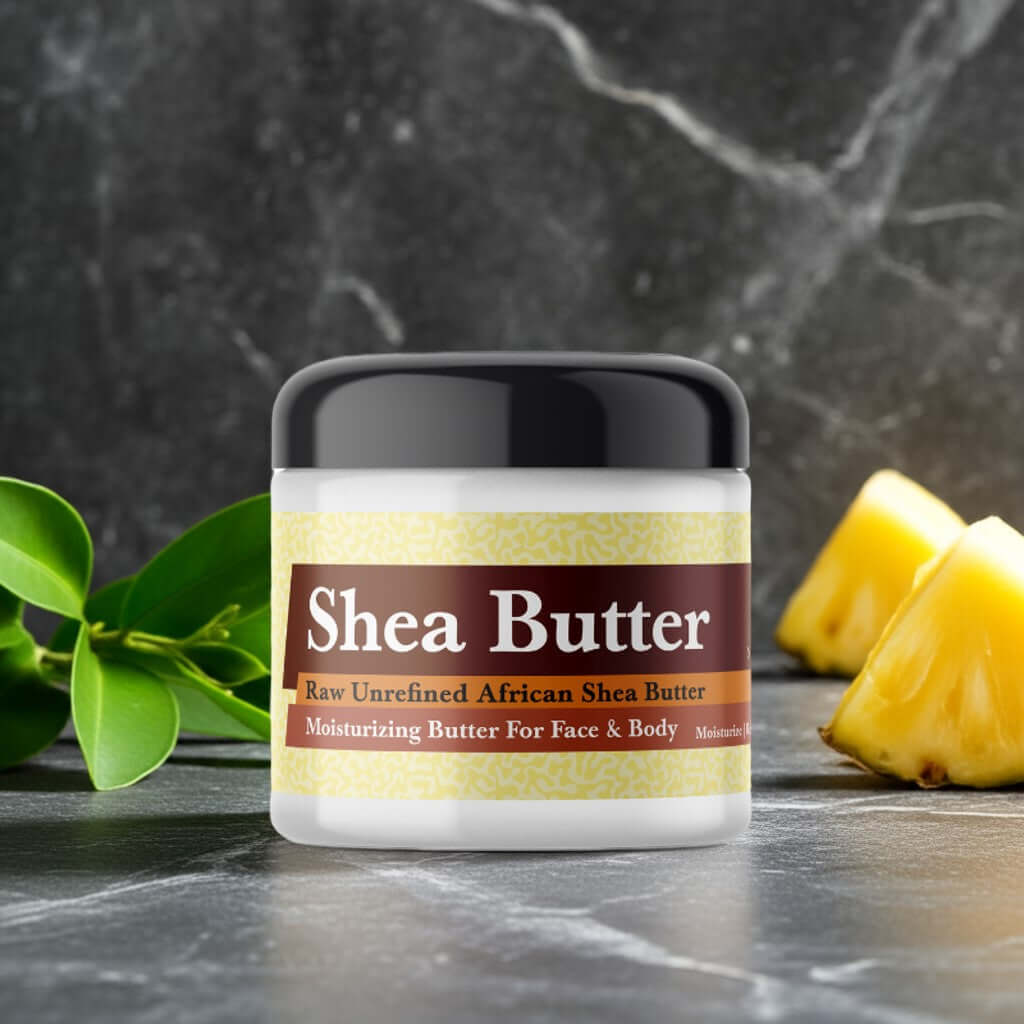 Creed Aventus Inspired Scented Shea Butter, organic African shea butter jar on marble surface with pineapple and leaves