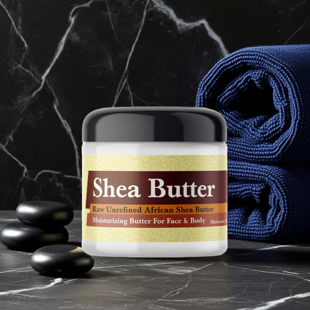 Dior Sauvage Inspired Scented Shea Butter in a jar with blue towels and black stones on a marble surface.