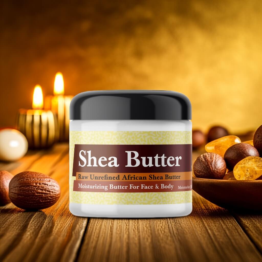 Jar of Egyptian Amber Scented Shea Butter with candles and shea nuts in a warm setting