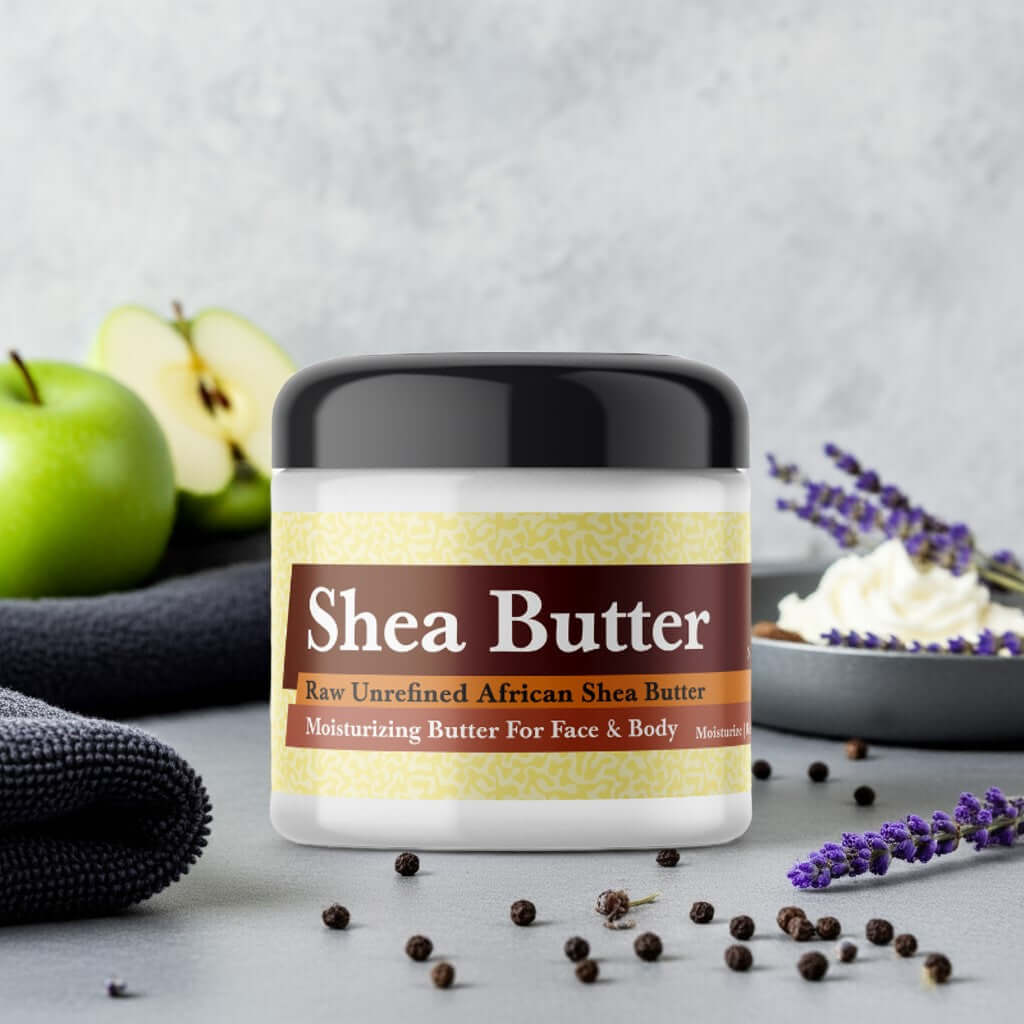 Ferragamo Black Inspired Scented Shea Butter with organic African shea in a jar surrounded by lavender and apples.