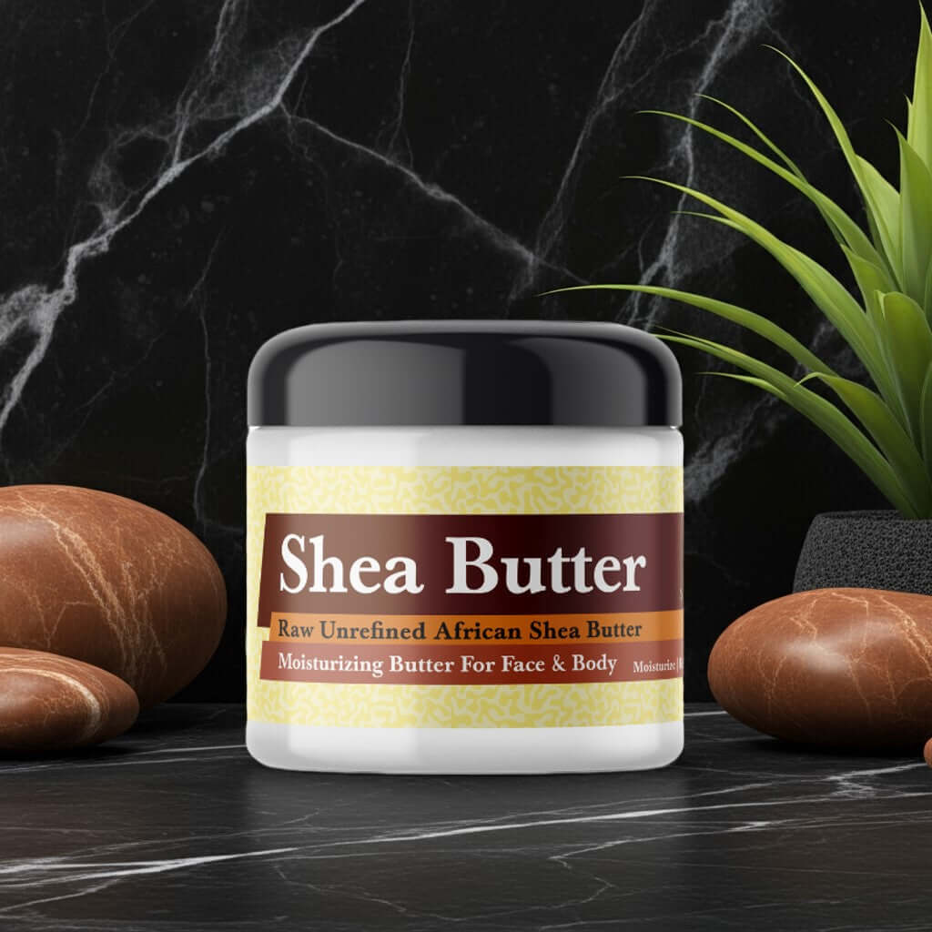 Jar of Frankincense & Myrrh Scented Shea Butter with natural ingredients on a marble background.