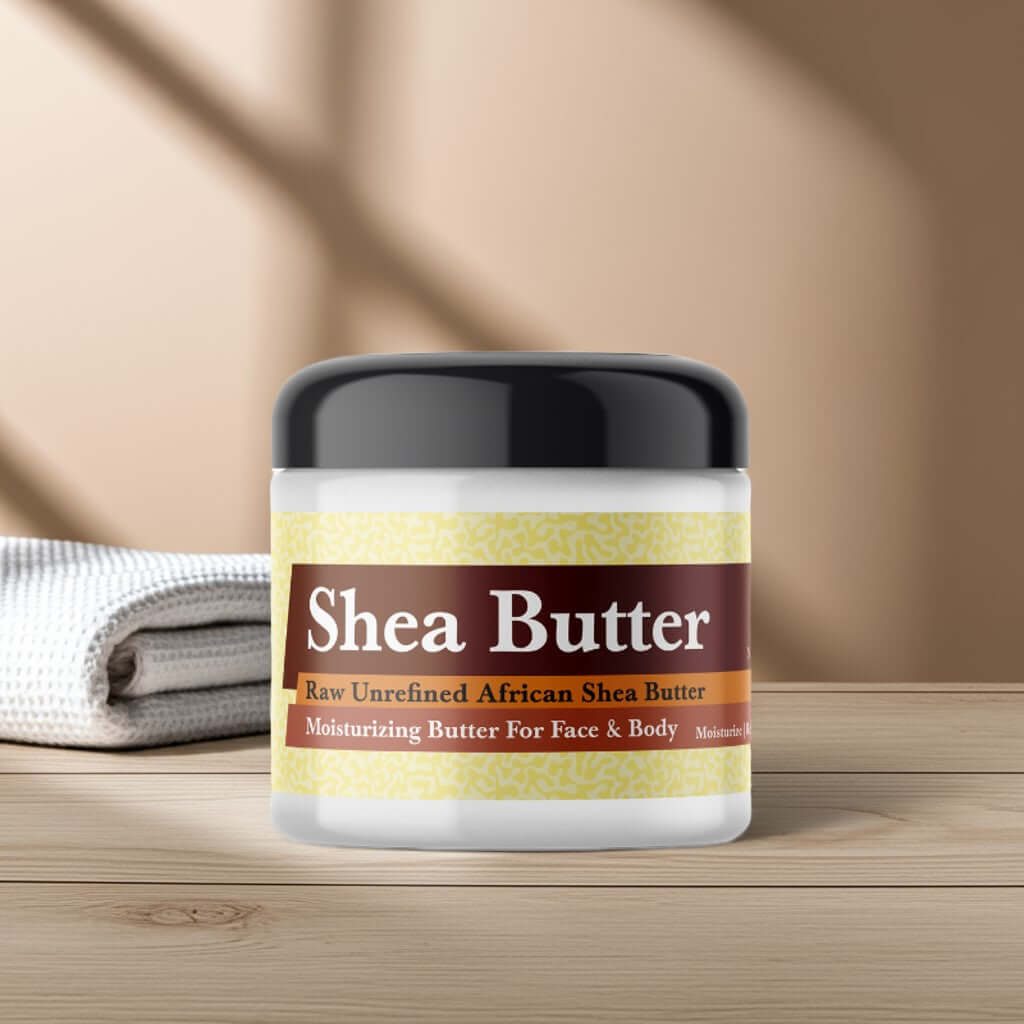 Fresh Linen Scented Shea Butter in jar on wooden table, perfect for moisturizing face and body, with soft towel background.