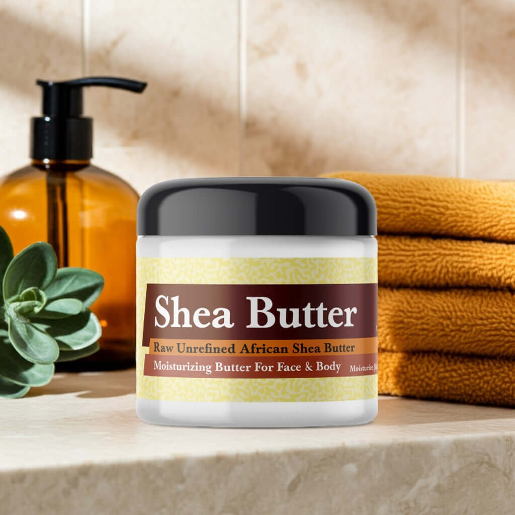 Gucci Guilty Inspired Scented Shea Butter in a jar, placed on a bathroom shelf with towels and succulents.