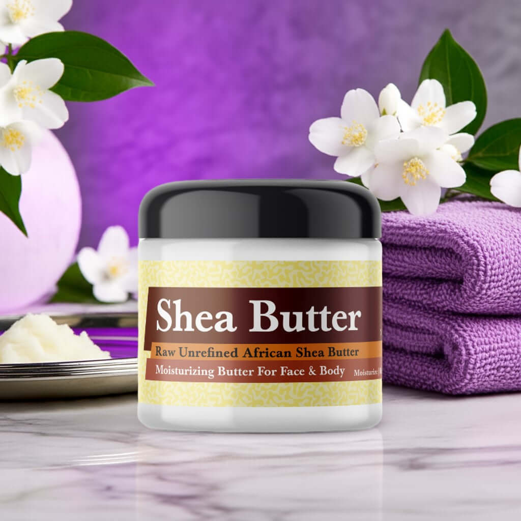 Jar of Imported Alien Inspired Scented Shea Butter with flowers and towels in background