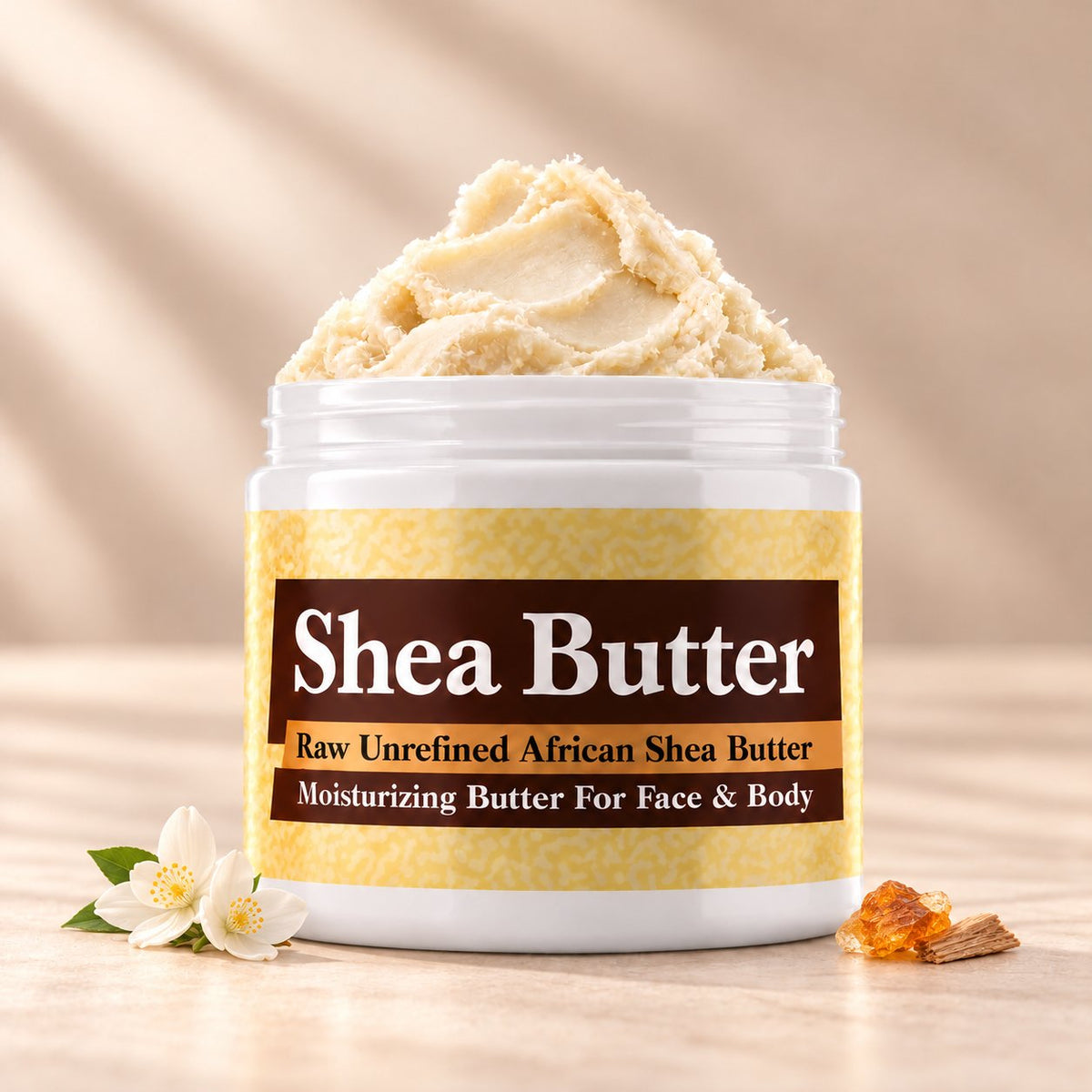 Imported Alien Inspired Scented Shea Butter in an open white jar with textured ivory shea butter and subtle scent accents on a soft cream background.