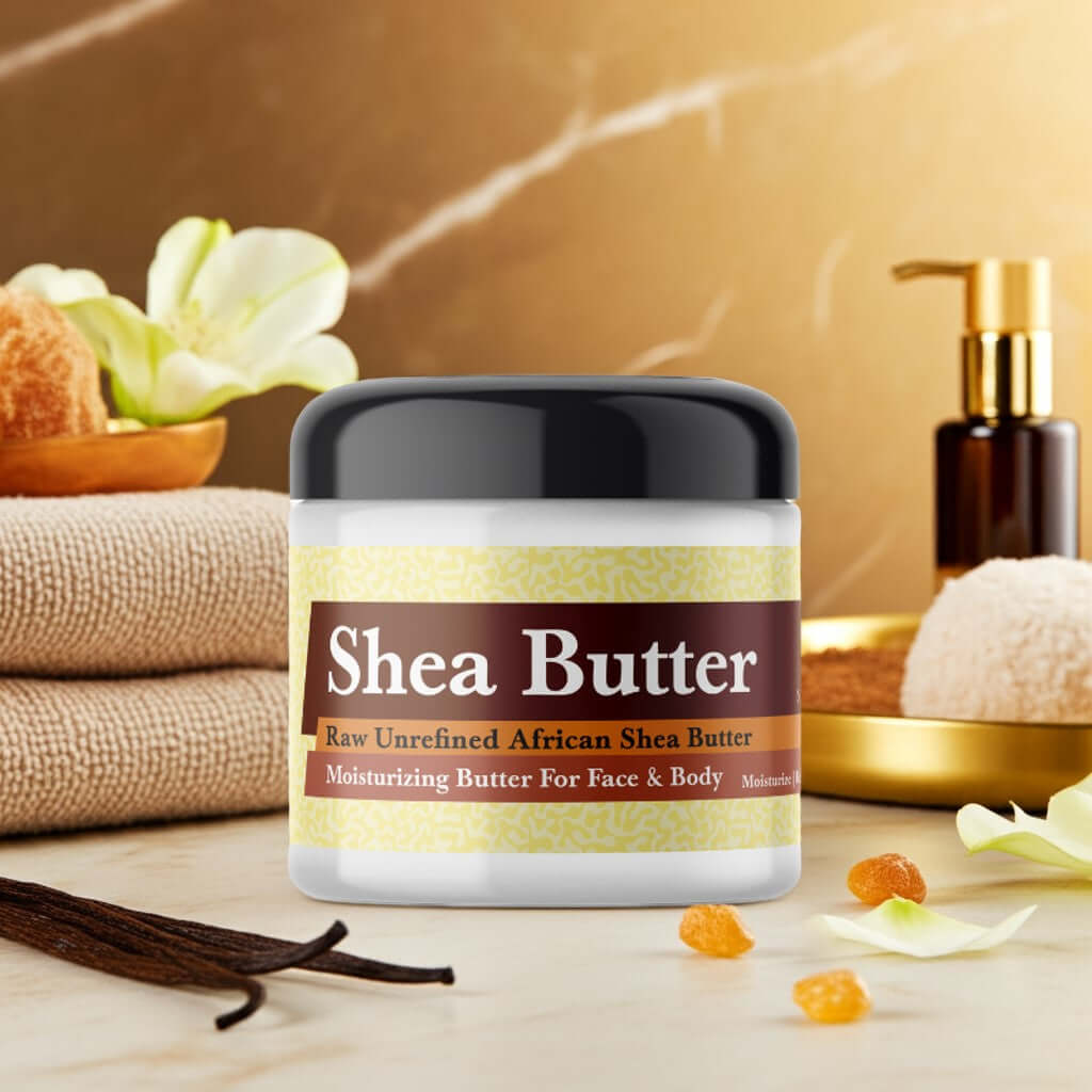 Jar of Imported Amber White Scented Shea Butter with vanilla and amber decor