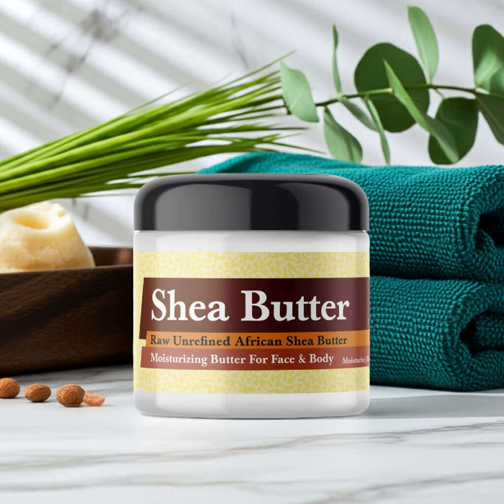 Imported Green Musk Scented Shea Butter in jar with spa setting.