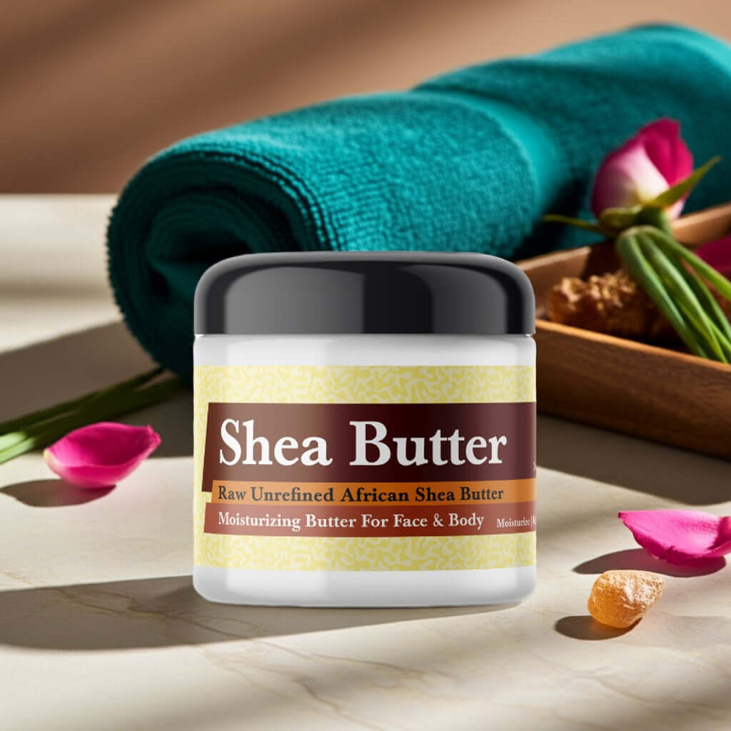 Jar of Imported Jannatul Firdaus Scented Shea Butter with towel and petals, luxurious skincare moisturizing product displayed elegantly.