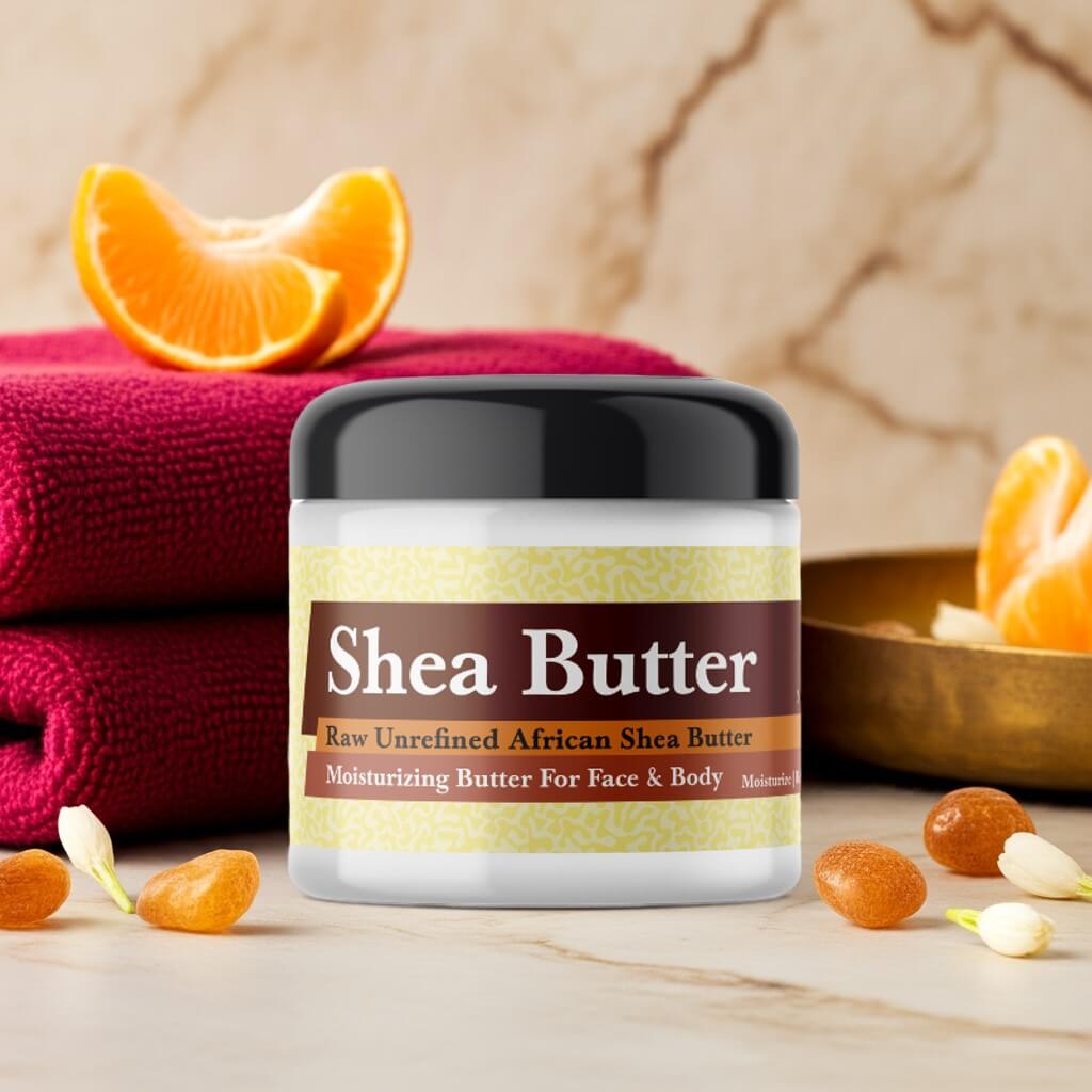 Jar of Imported Opium Scented Shea Butter with exotic fruits and towels