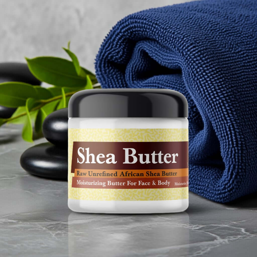 Paco Rabanne Invictus Inspired Scented Shea Butter jar with blue towel and black stones.
