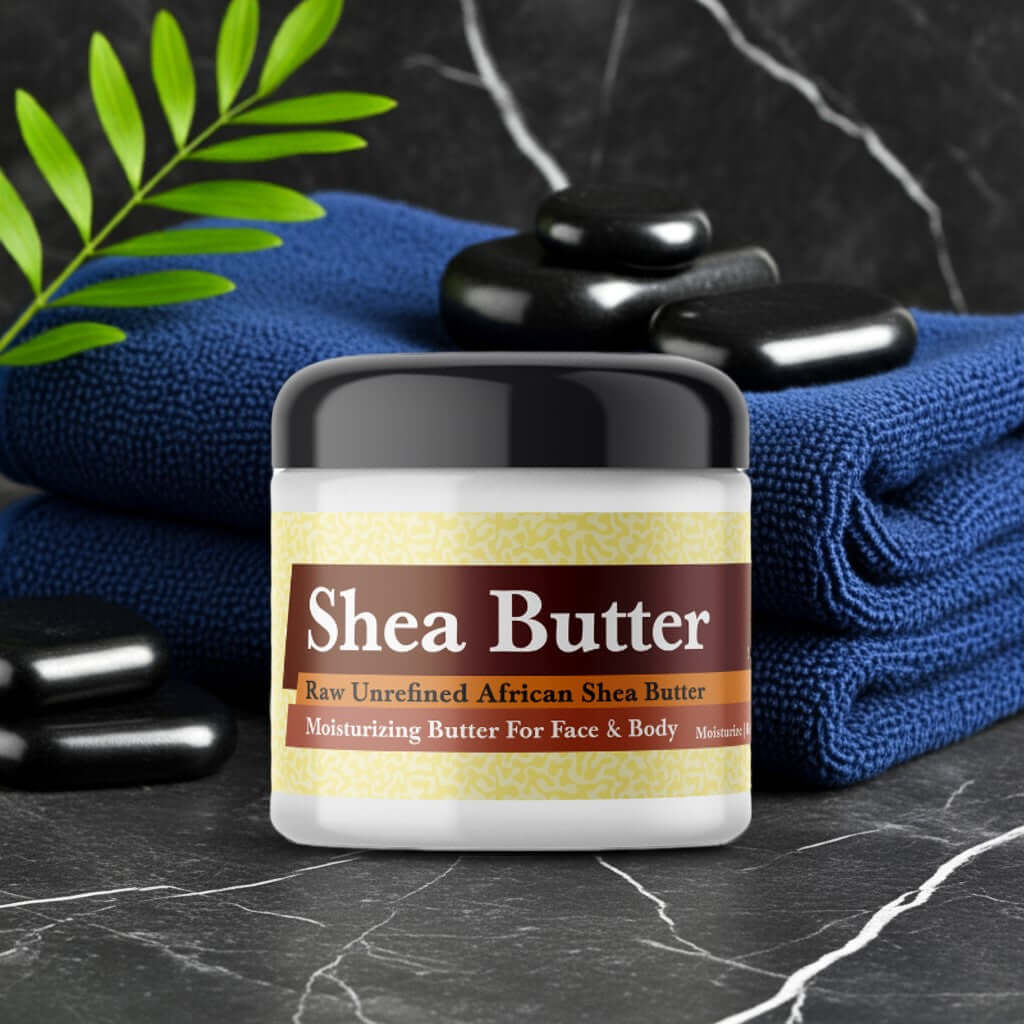 Jimmy Choo Man Inspired Scented Shea Butter in a stylish bathroom setting with towels and stones.