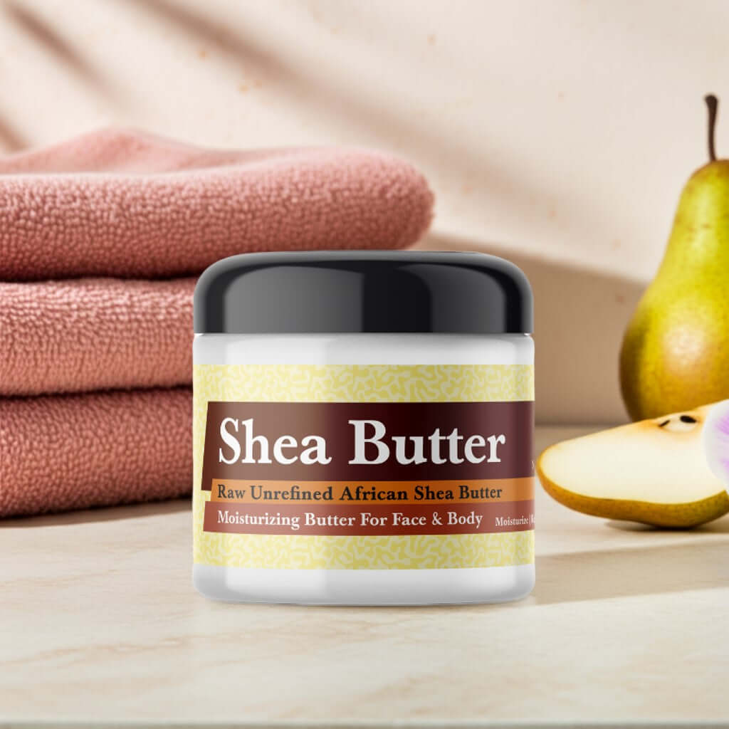 Jimmy Choo Woman Inspired Scented Shea Butter in a jar with pears and towels, promoting luxury skincare.