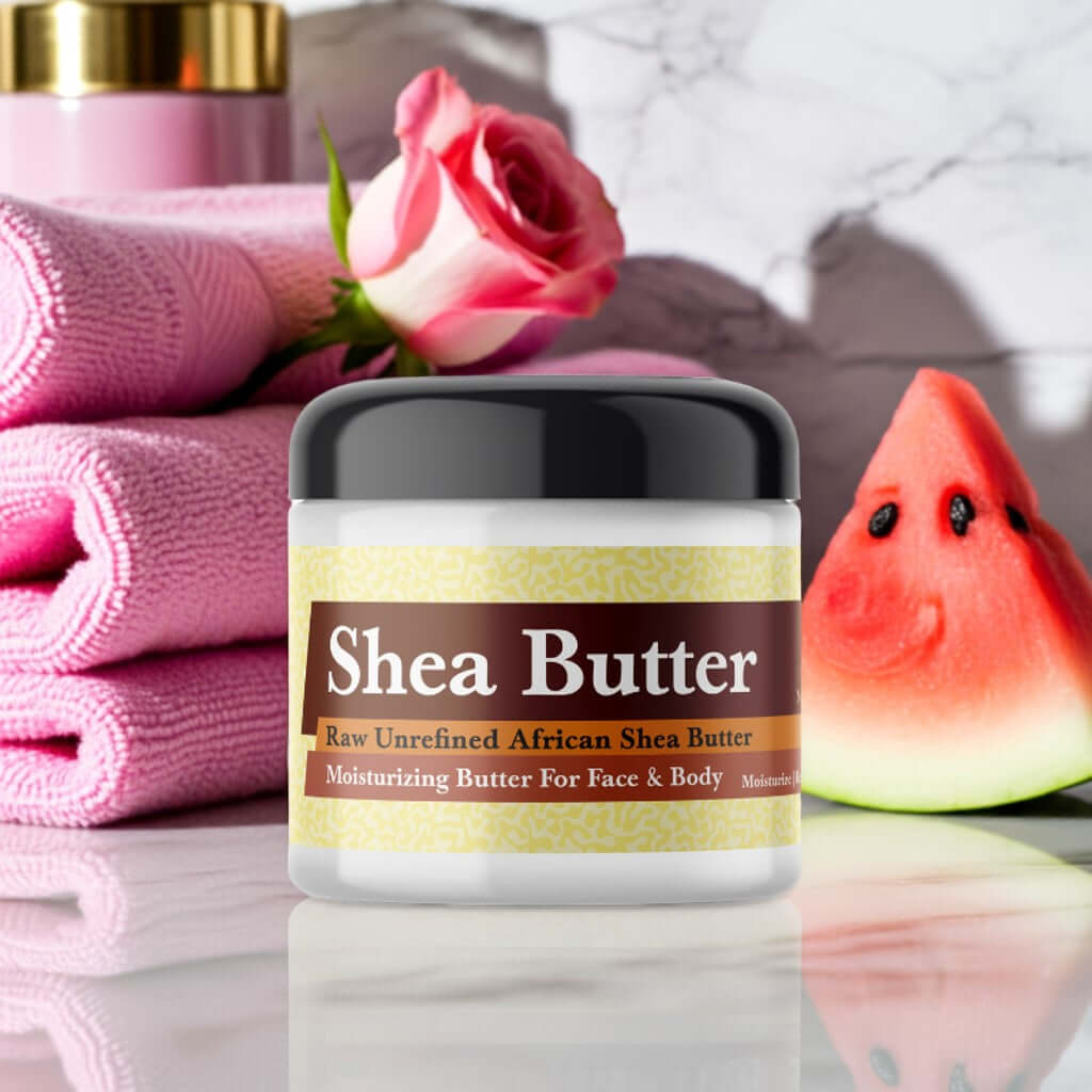 Jar of Juicy Couture Inspired Scented Shea Butter with pink towels, rose, and watermelon slice in the background.