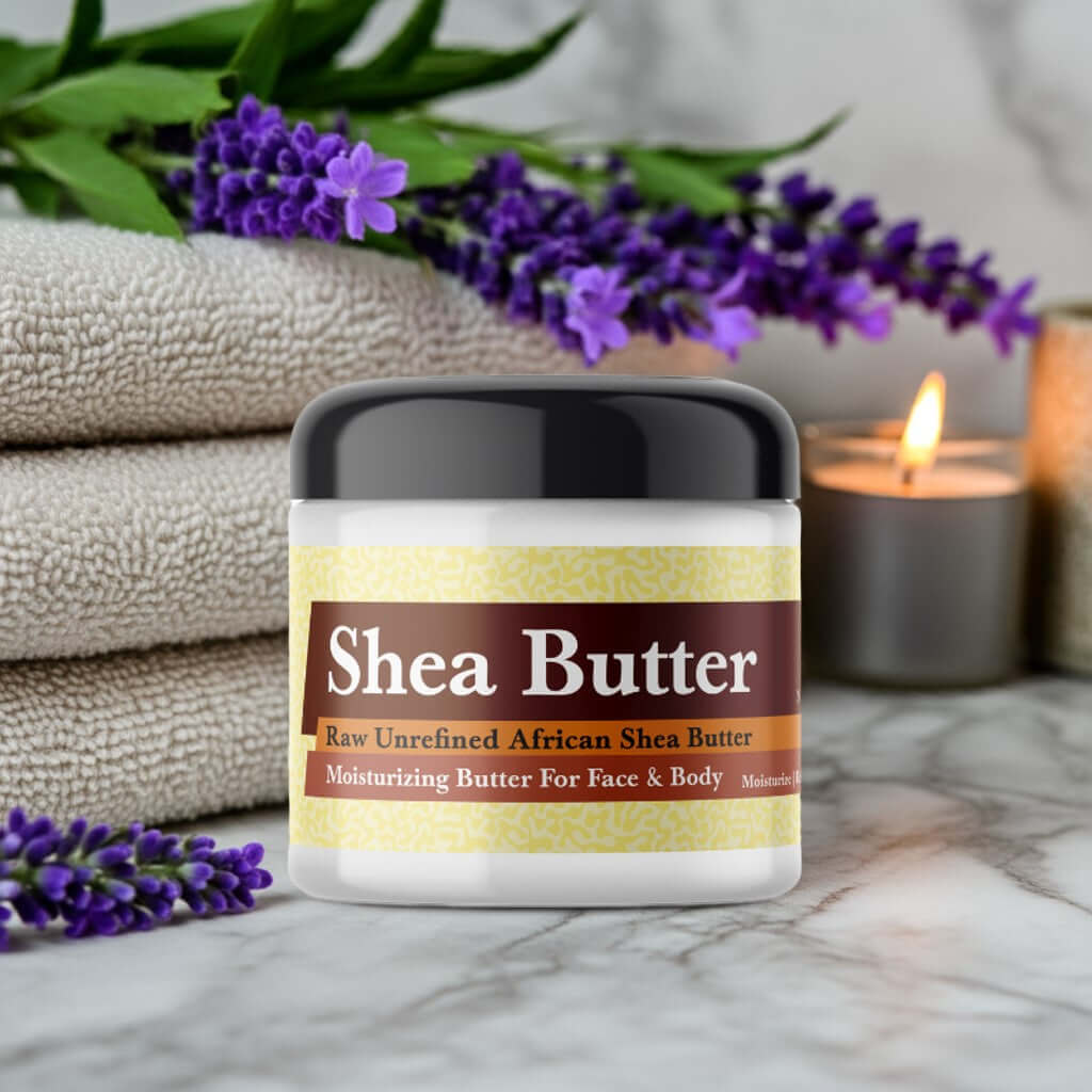 Lavender Scented Shea Butter with raw African shea butter for deep hydration, surrounded by lavender, towels, and candle.