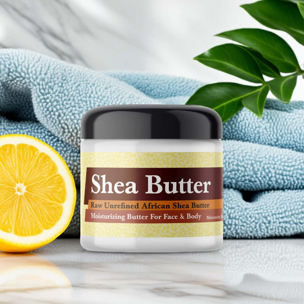Dolce & Gabbana Light Blue Inspired Scented Shea Butter in jar with blue towel and lemon slice for face and body moisturizing