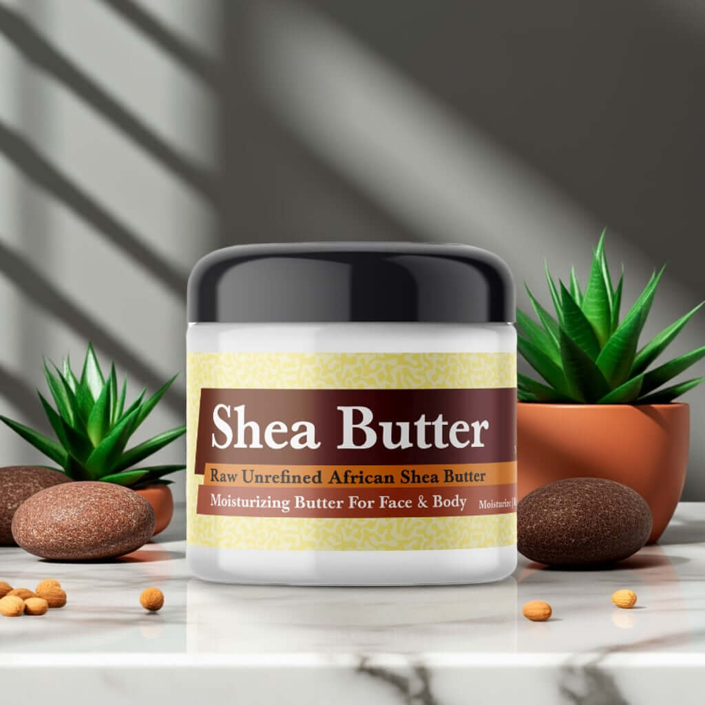 Myrrh Scented Shea Butter jar with natural African shea butter surrounded by nuts and plants for moisturizing skin care.