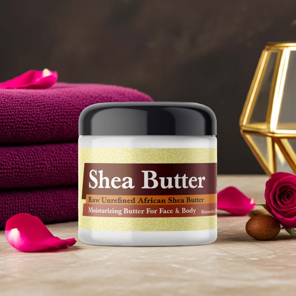 Mystery Woman Scented Shea Butter with organic African shea in a jar, surrounded by rose petals and luxurious towels.