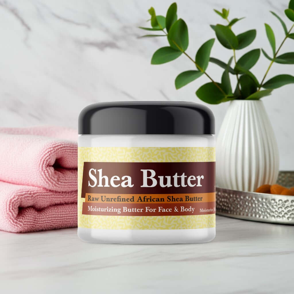 Paris Hilton Rose Rush Inspired Scented Shea Butter jar on marble surface with towels and plant