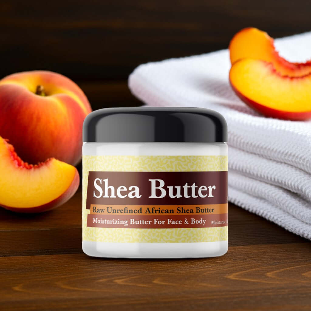 Peach Fantasy Scented Shea Butter jar with fresh peach slices and towels.