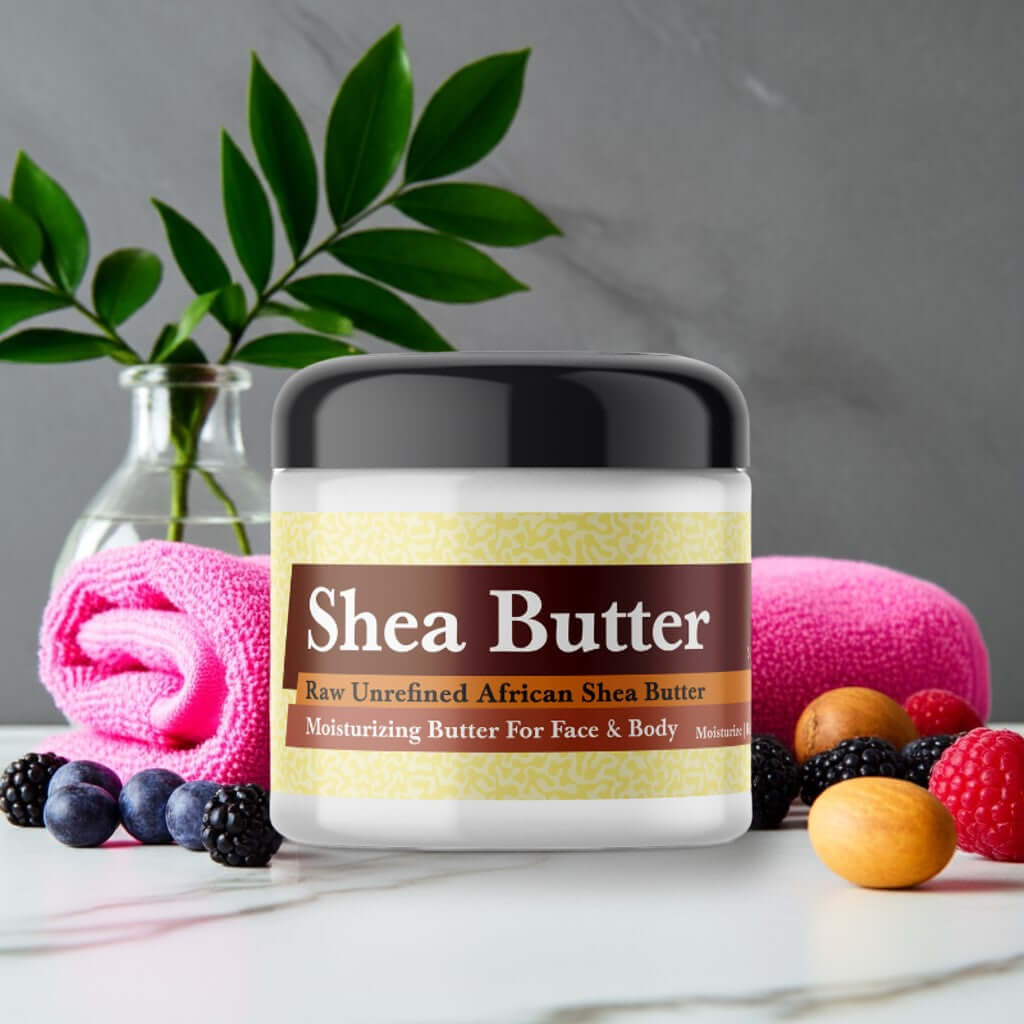 Pink Pussy Scented Shea Butter jar with berries and plants background