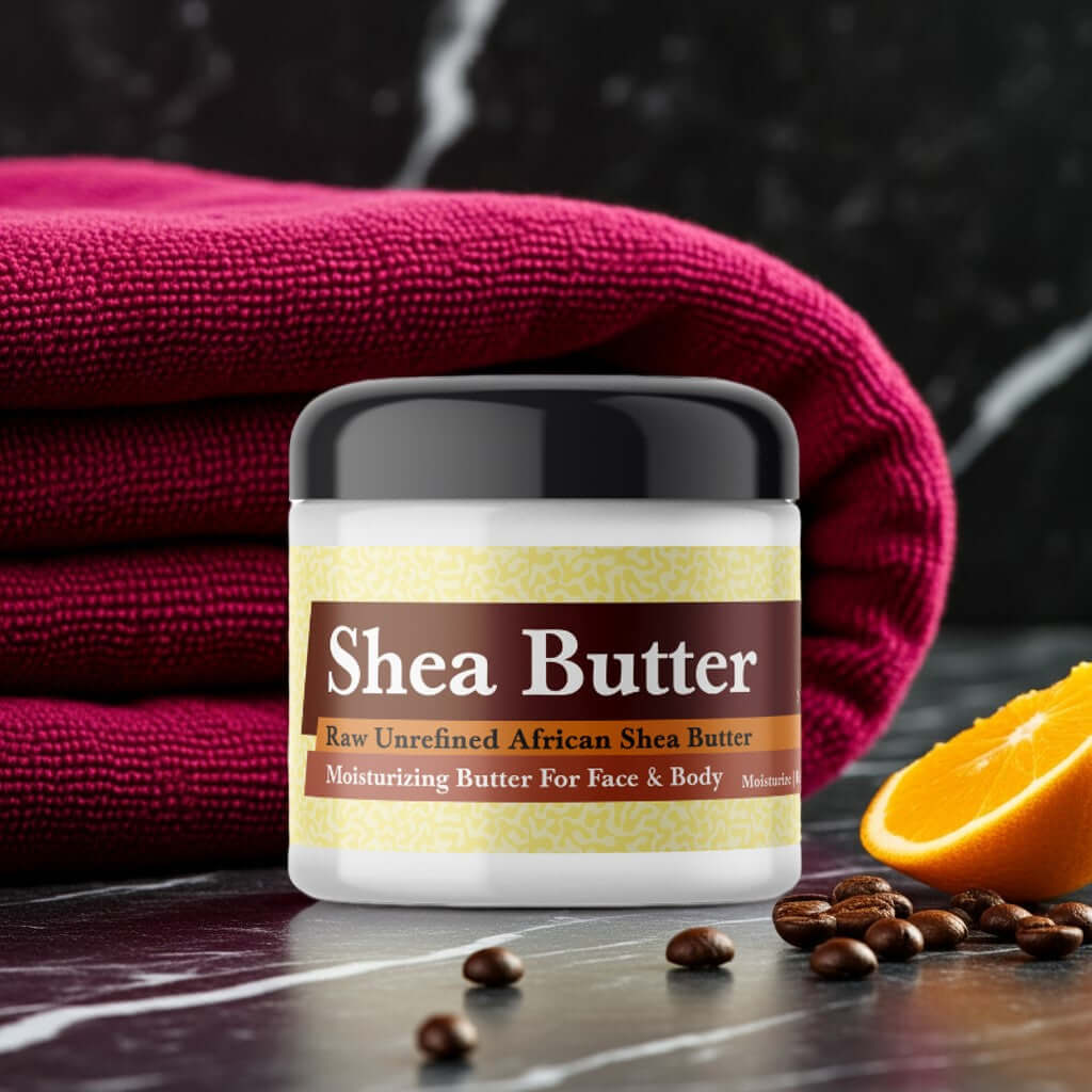 Polo Red Inspired Scented Shea Butter jar with red towel, orange slice, and coffee beans on dark background