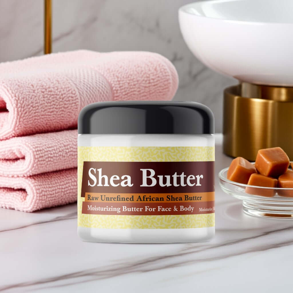 Prada Candy Inspired Scented Shea Butter jar on bathroom counter with towels and caramel pieces.