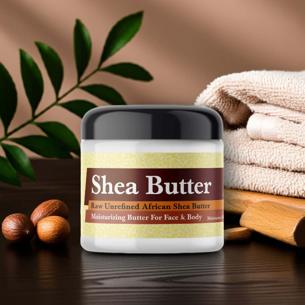 Sandalwood Scented Shea Butter in a jar, made from organic African shea butter, with towels and shea nuts in the background.