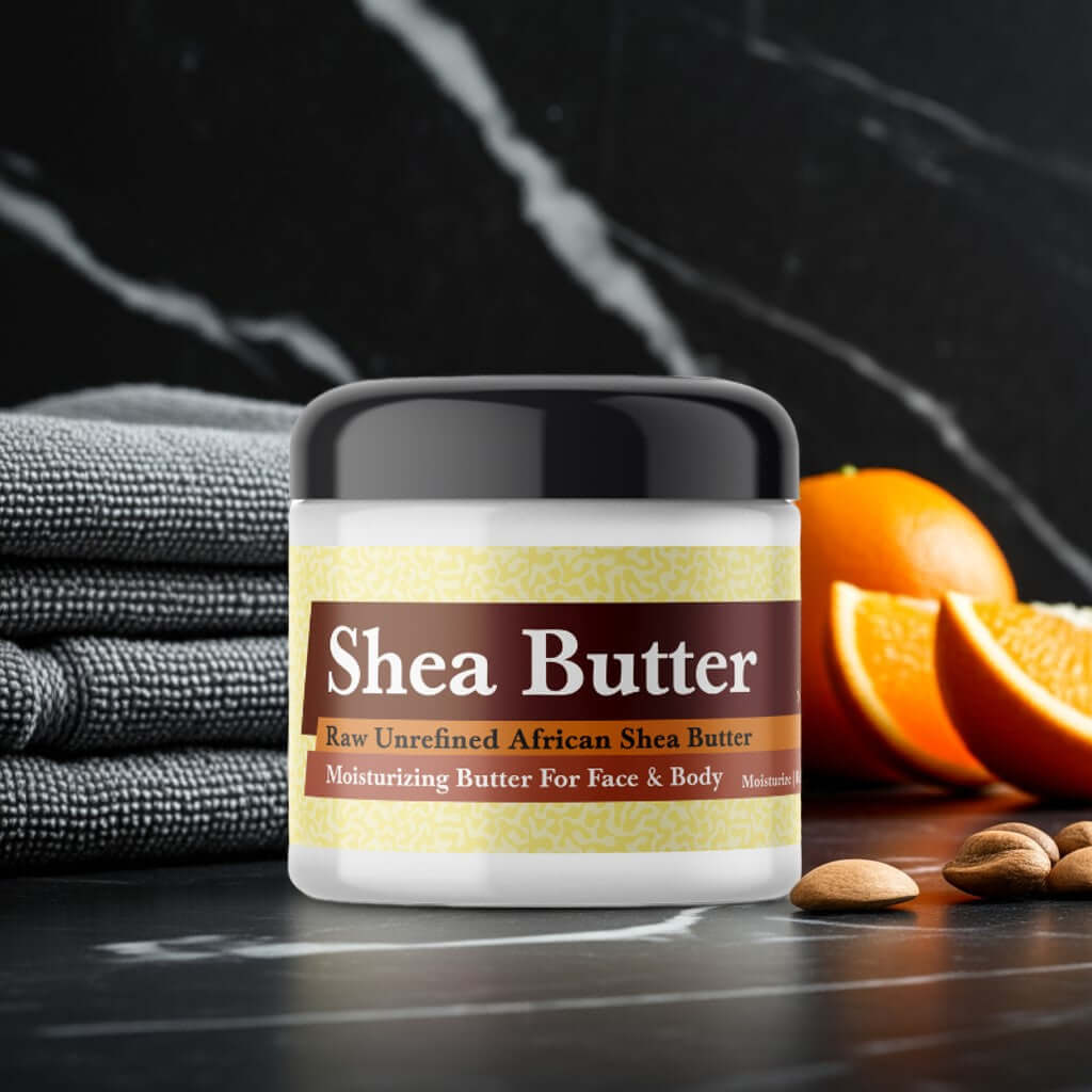 Sean John I Am King Inspired Scented Shea Butter jar with oranges and almonds on marble background.