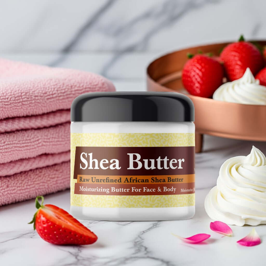 Velvet Sugar Inspired Scented Shea Butter in a jar with strawberries and whipped cream on a marble surface.