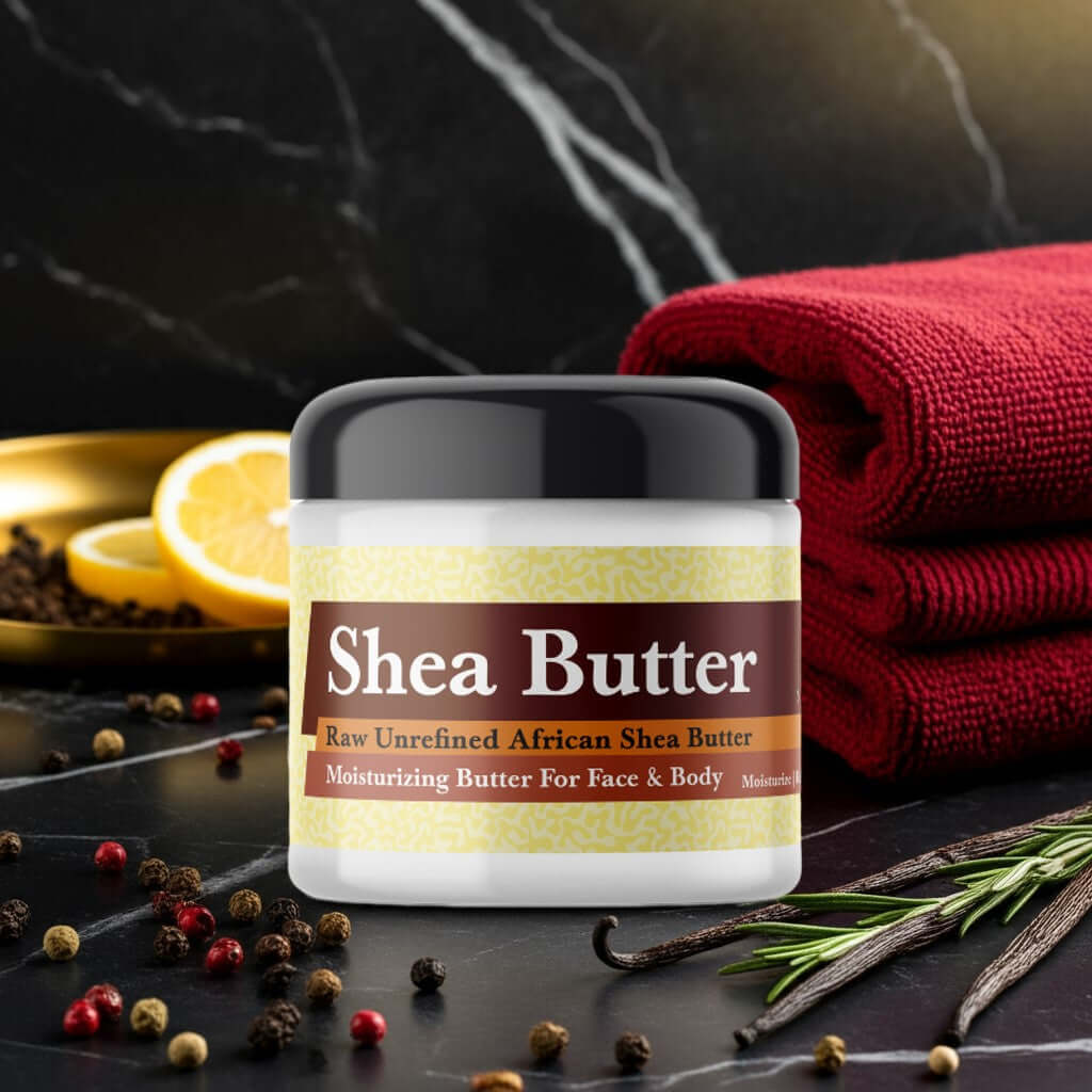 Versace Eros Flame Inspired Scented Shea Butter jar on sleek countertop with lemon slices and red towels.