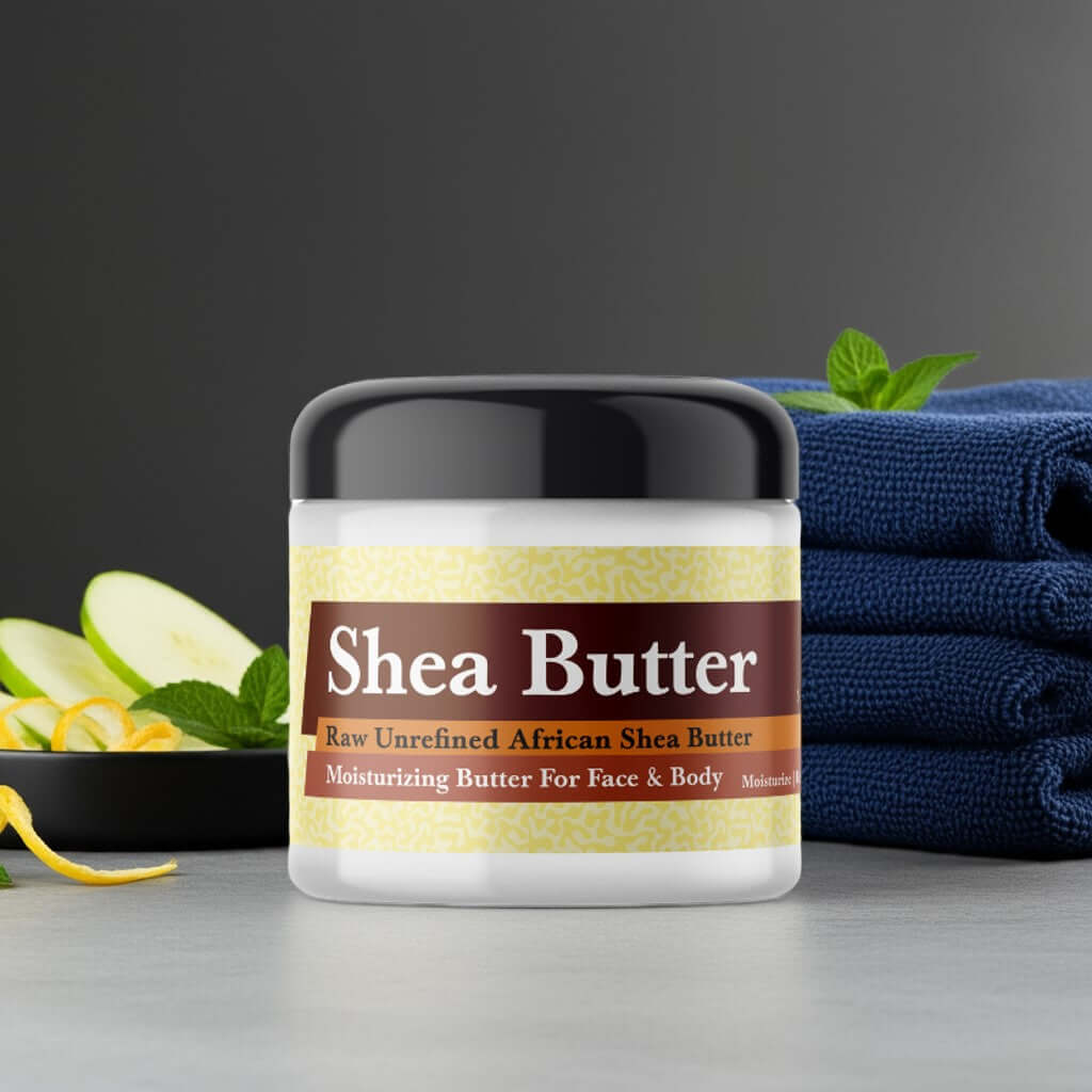 Versace Eros Inspired Scented Shea Butter in a jar with fresh ingredients and towels, ideal for skin hydration and care.