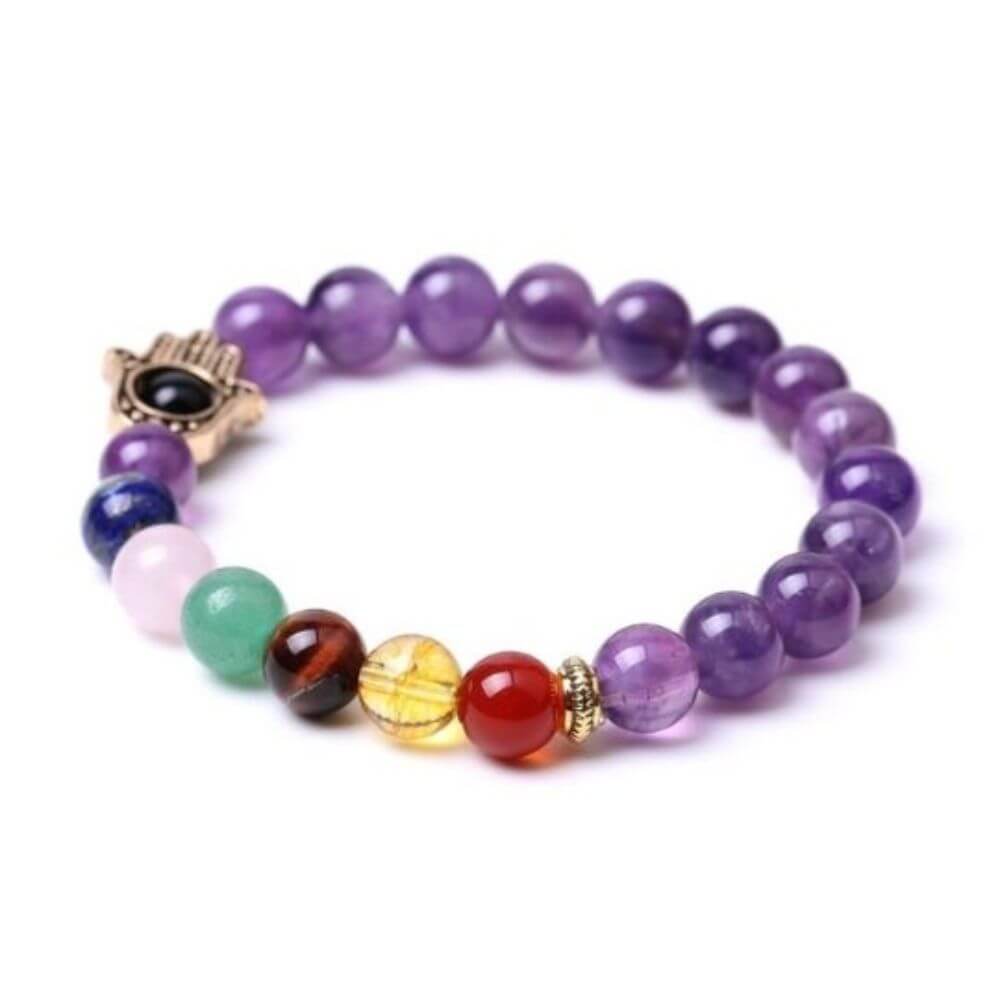 Amethyst Hamsa 7 Chakra Elastic Bracelet - Healing Properties and Chakra Alignment Benefits.
