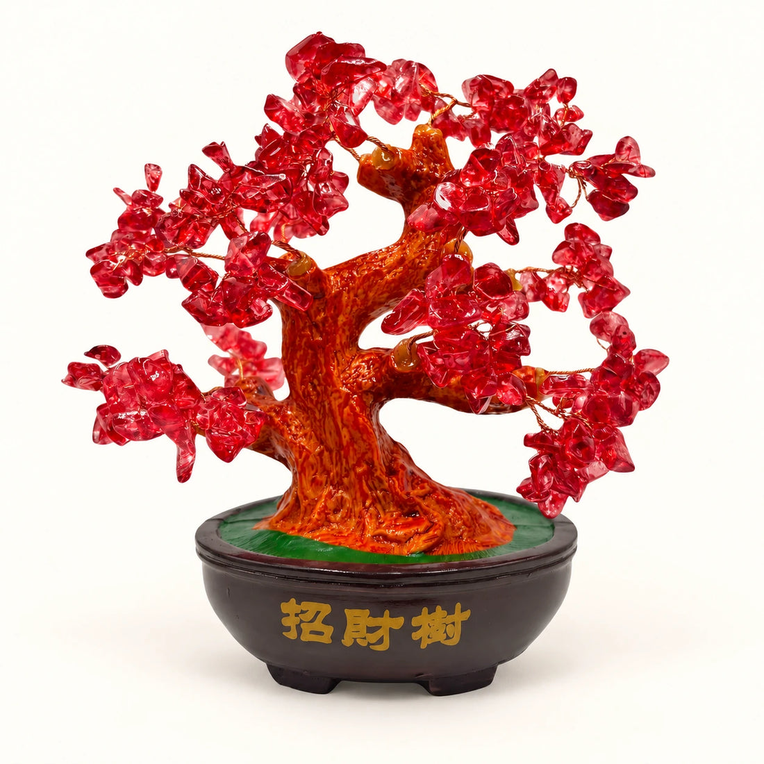 Red Agate Bonsai Crystal Tree 10 inch on a soft ivory background; view 1.