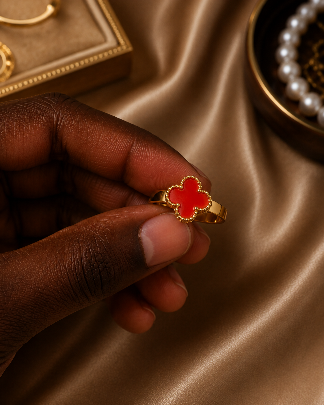 A gold ring with a red clover-shaped center held by a hand, set against a background of draped brown satin fabric with jewelry props.