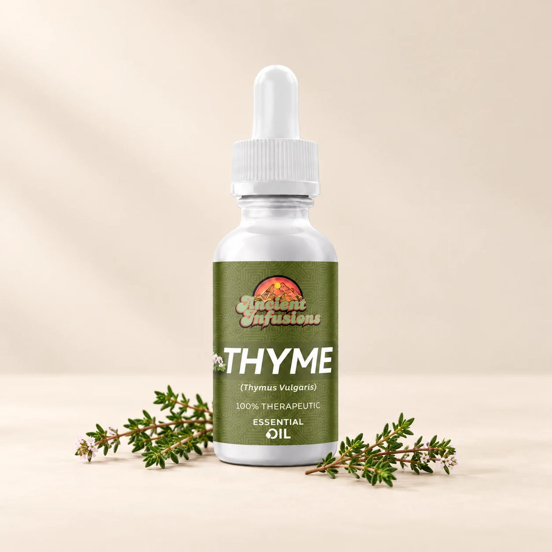 Ancient Infusions Red Thyme Essential Oil bottle with botanicals on a soft ivory background.