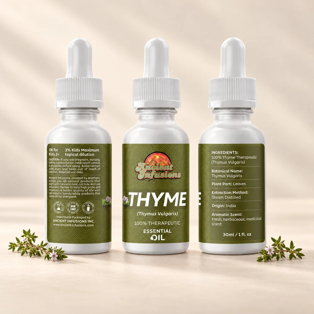 Ancient Infusions Red Thyme Essential Oil bottle with botanicals on a soft ivory background.