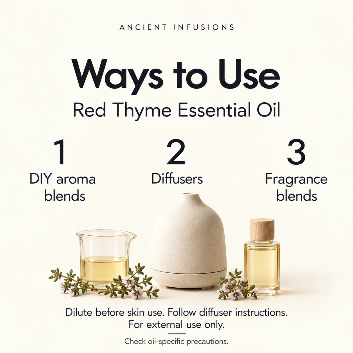Red Thyme Essential Oil uses: DIY aroma blends, diffusers and fragrance blends. Dilute before skin use; follow diffuser instructions; check oil-specific precautions.