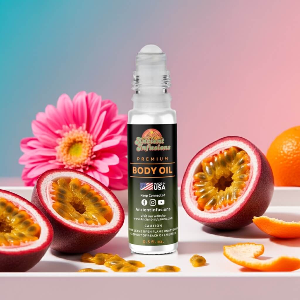 Rihanna RiRi Inspired Body Oil with passion fruit and flowers, highlighting tropical scents.