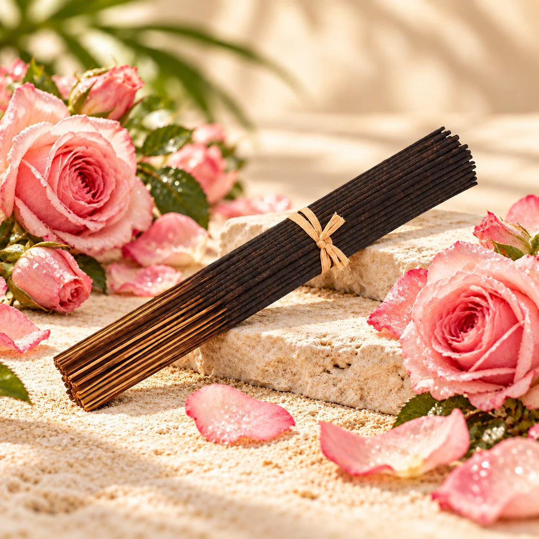 Rose Champagne Incense Sticks with pink roses with sparkling dew.