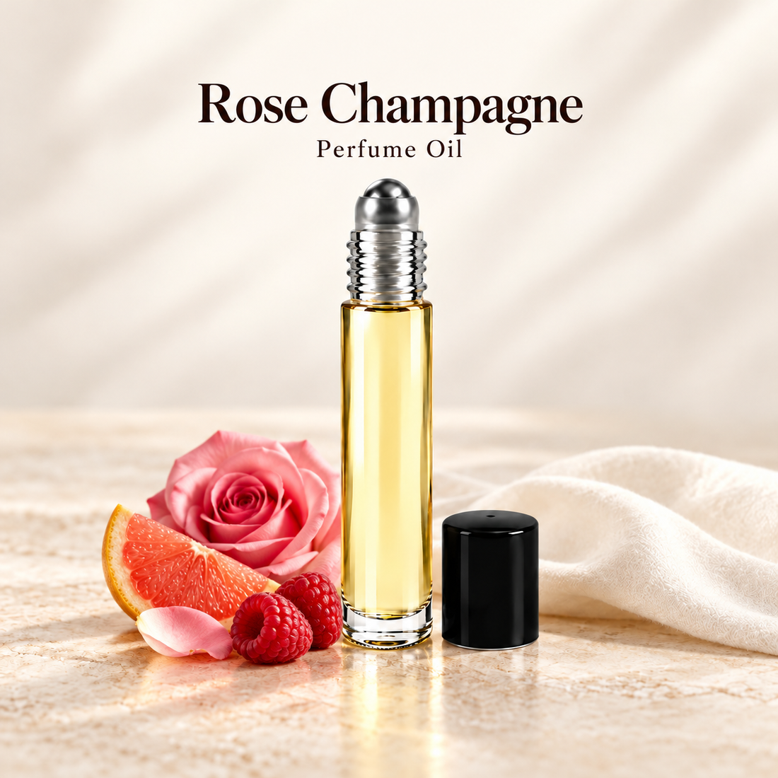 Rose Champagne Perfume Oil with simple scent note accents on soft ivory