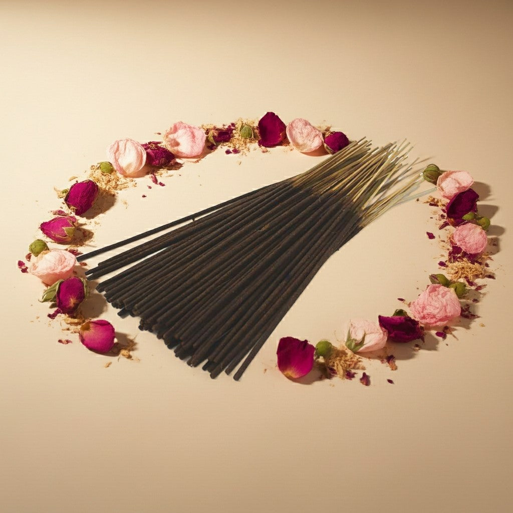 Rose Champagne Incense Sticks with rose petals and gold balls on a beige background