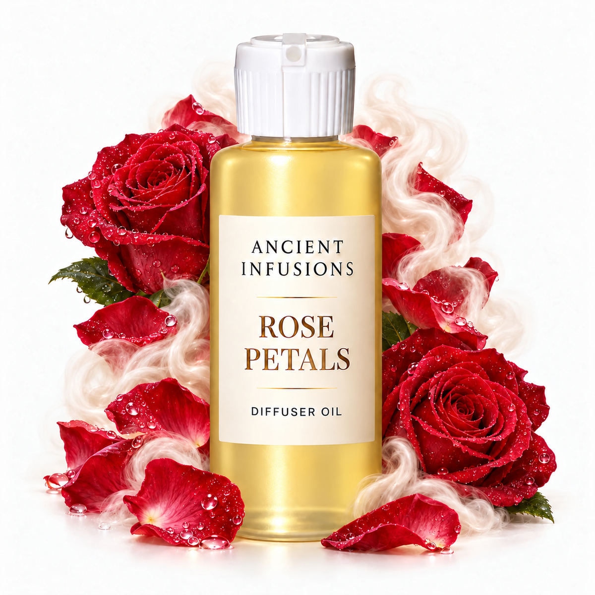 Rose Petals Diffuser Oil by Ancient Infusions with golden oil, white cap and matching scent artwork